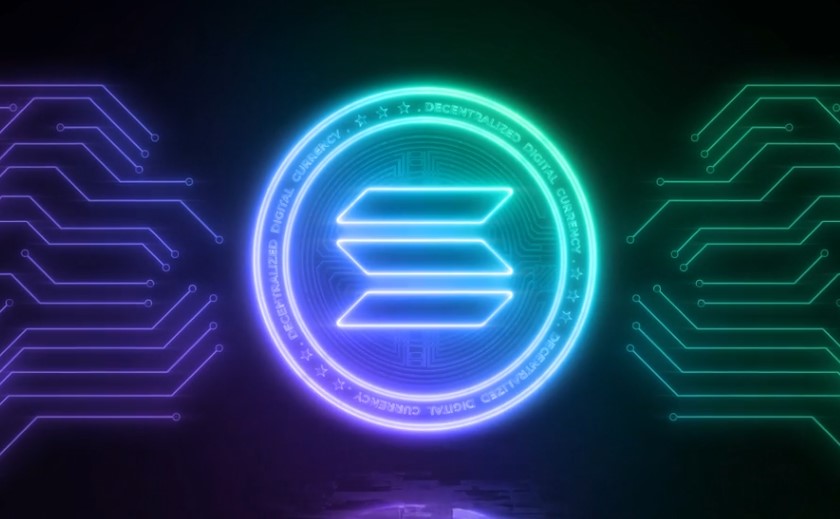 Neon-lit logo of a cryptocurrency