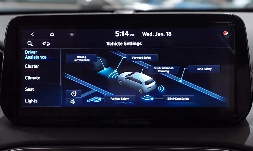 A car's digital dashboard, displaying various safety features, including forward, lane, and blind-spot monitoring