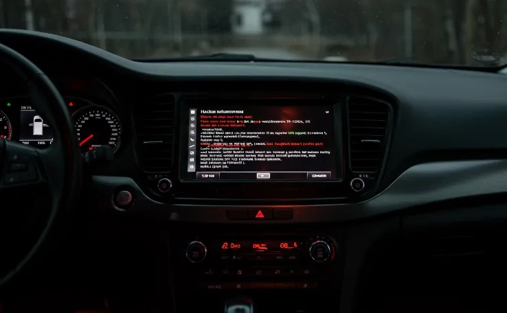 Car dashboard with a red-accented infotainment screen displaying text