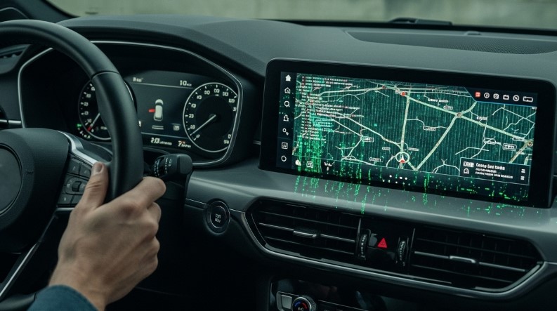 Digital data scrolls over the car's navigation system