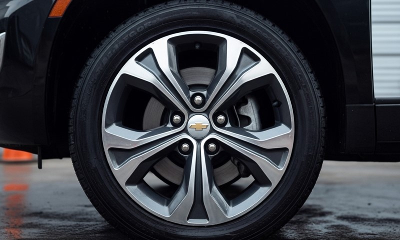 The front wheel of a black car, featuring a sleek tire, positioned on a smooth surface