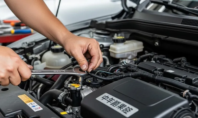 Mechanic repairing car's engine bay with a wrench