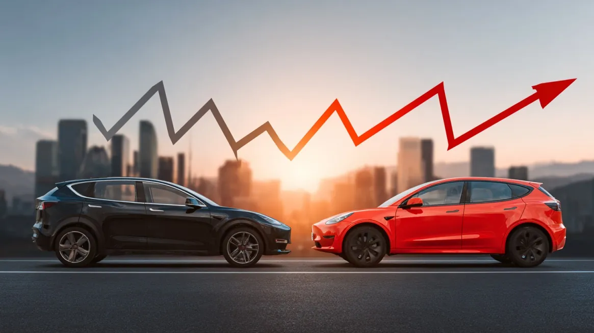 Two electric cars parked on a city road at sunset with an upward and downward market trend line illustrated above them