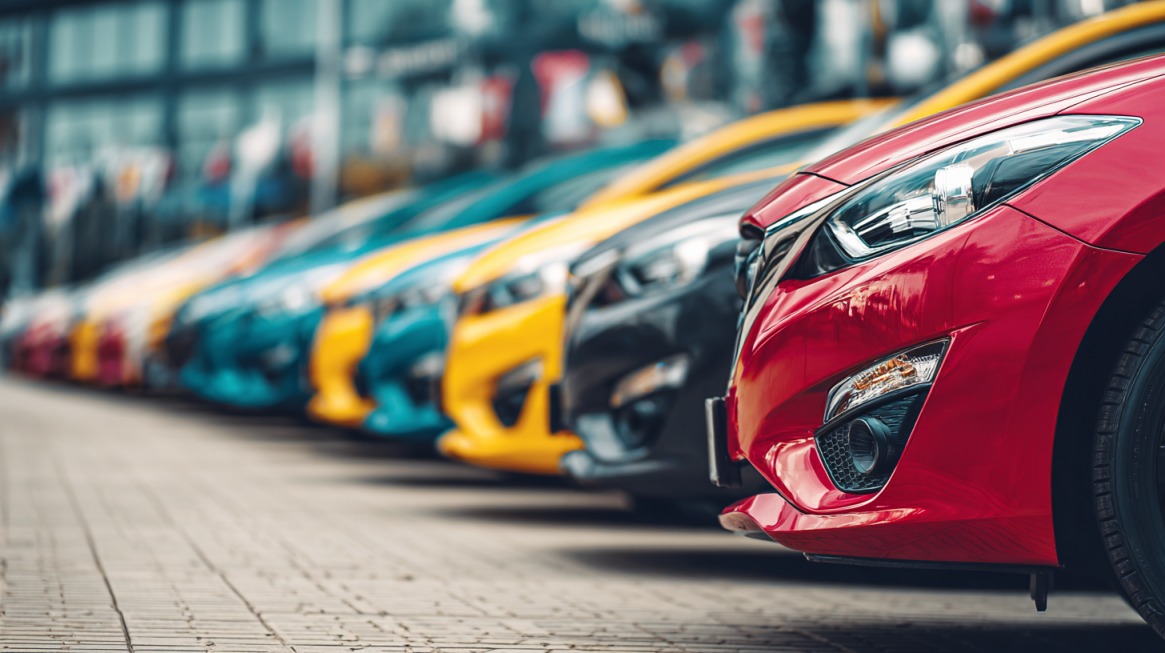 Row of colorful cars parked at a dealership, lined up side by side on a paved lot