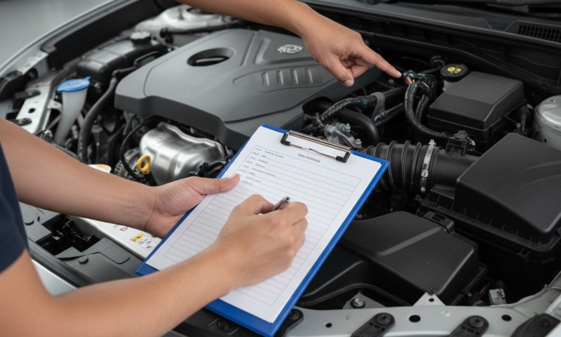 A man examines a car engine while holding a clipboard