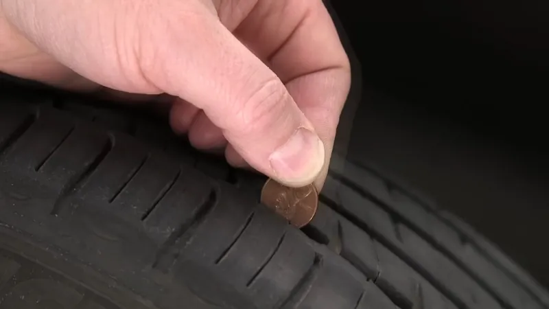 A hand checks tire tread depth by placing a coin between the grooves