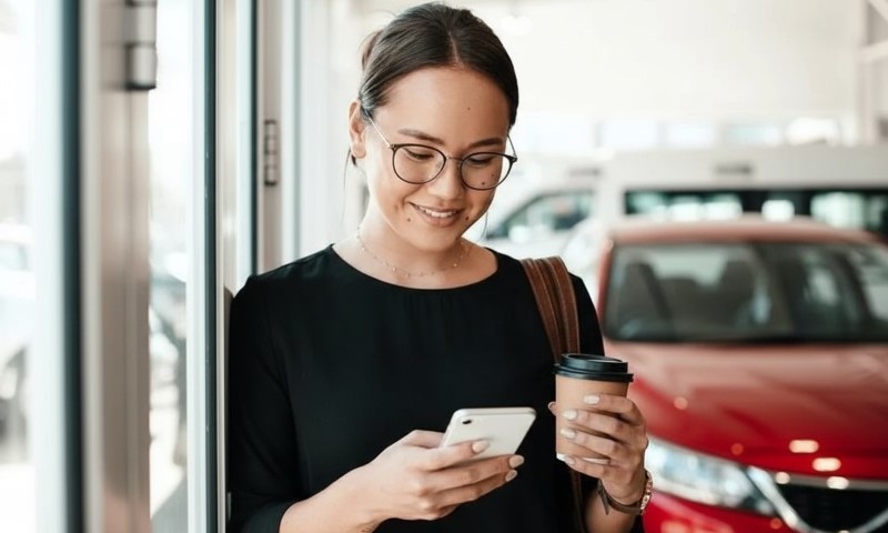 A woman in glasses and a black top stands by a window, smiling while looking at her phone
