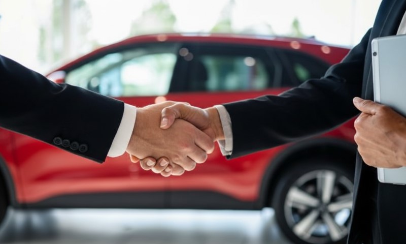 Two people in formal attire shake hands in front of a blurred red SUV