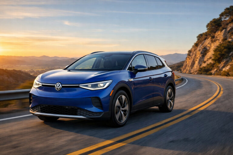Volkswagen ID.4 electric SUV driving on an open road during golden hour