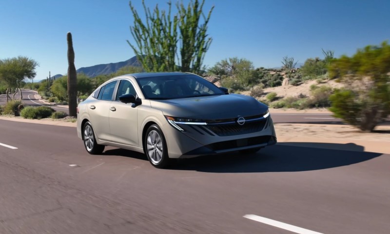 A sleek, beige sedan drives on a sunny desert road, surrounded by cacti and sparse vegetation