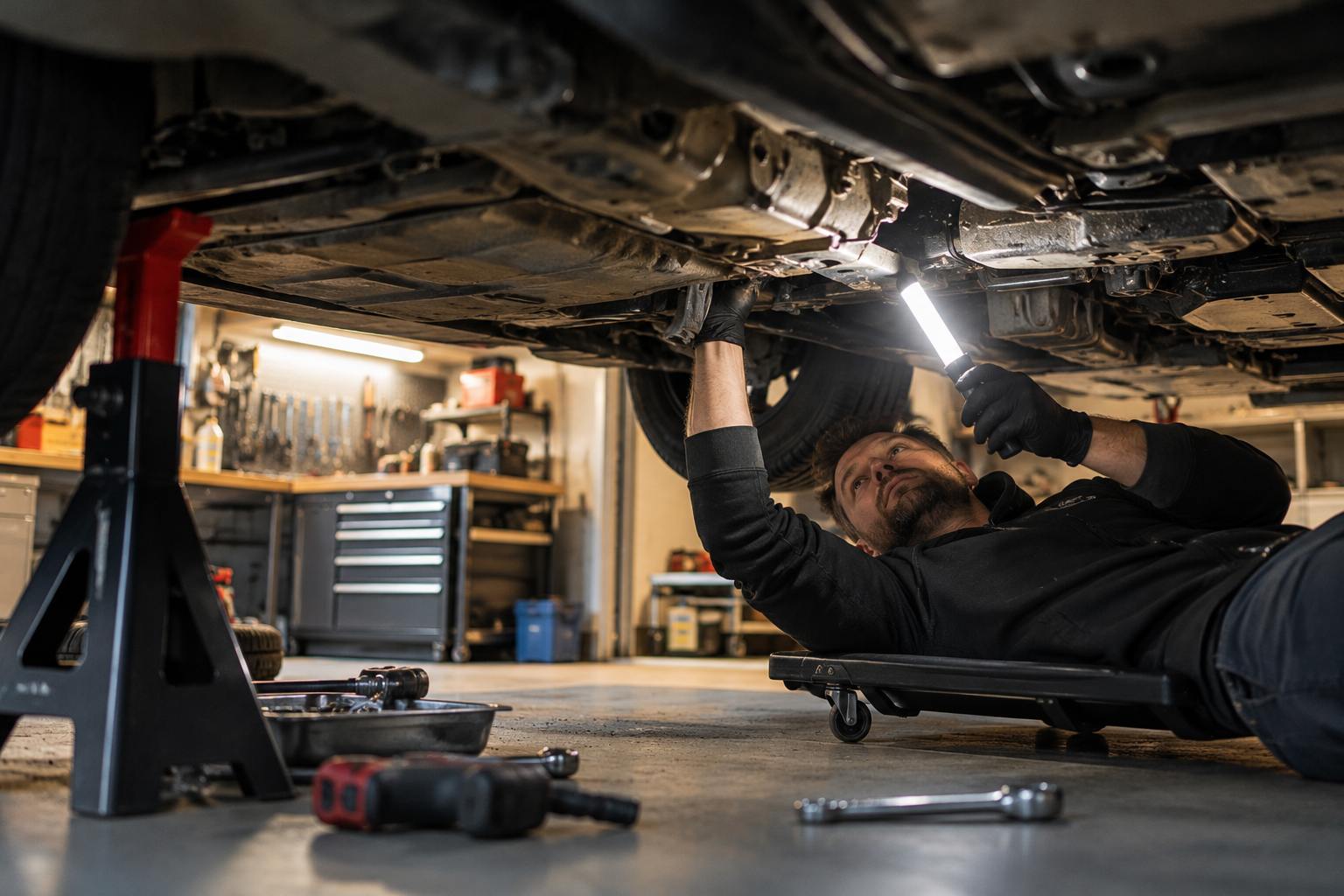 Mechanic using a portable LED inspection light to examine the underside of a car.