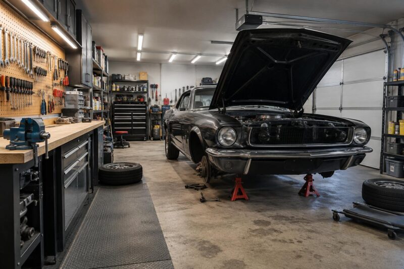 Classic car undergoing repairs in a well-equipped home garage workshop.