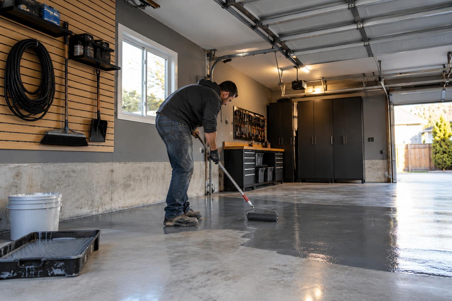 Man applying gray epoxy floor coating during a home garage workshop renovation.