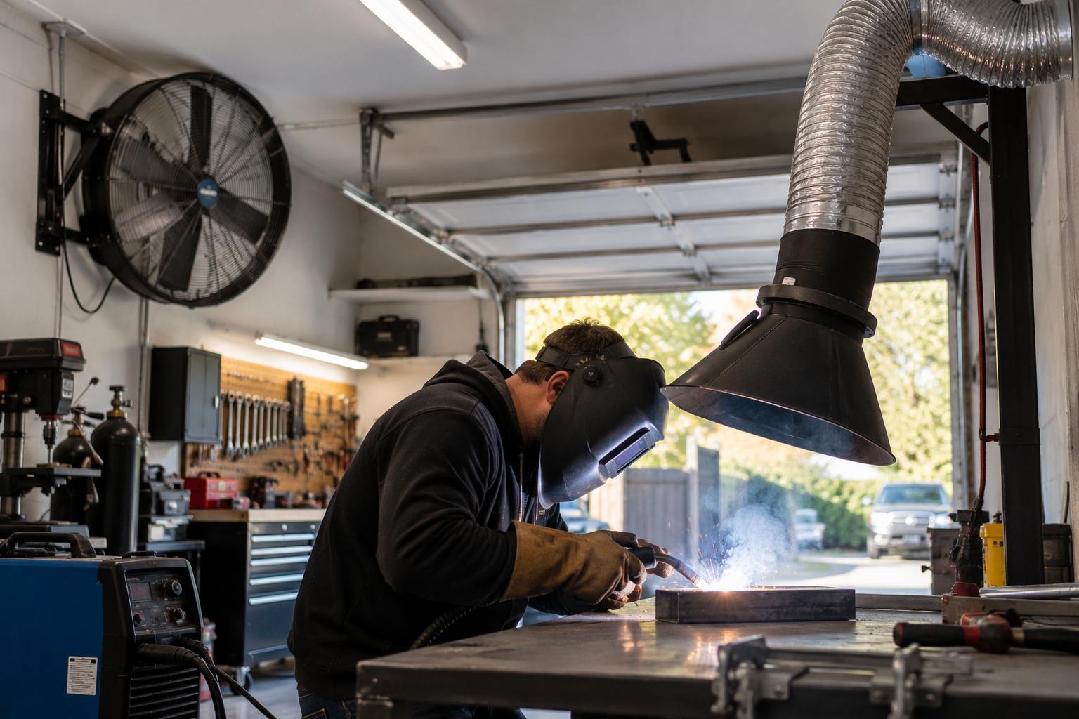 Mechanic welding metal in a garage workshop with an overhead fume extraction system.