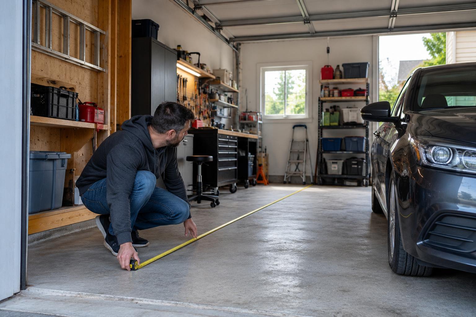 Man measuring garage floor space beside a parked car to plan a home workshop.