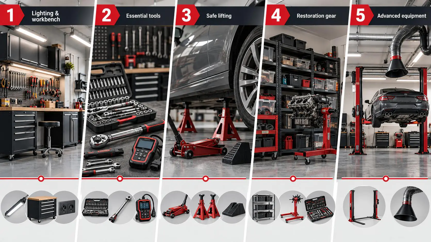 Five-stage infographic showing essential tools and equipment for building a home car repair workshop.